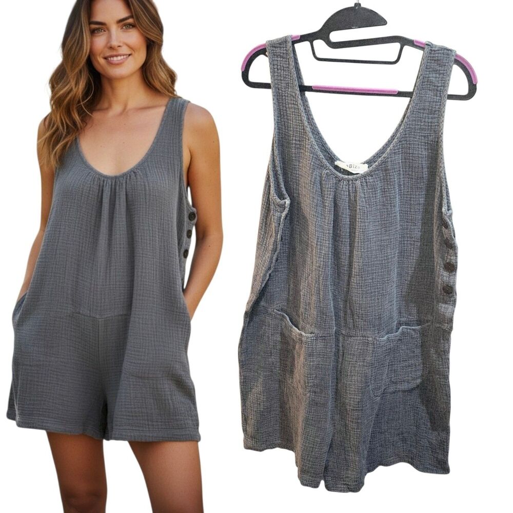 Labiz Sz L Anthropologie Gray Gauze Lagenlook Boho Beachy Pockets Shorts Romper